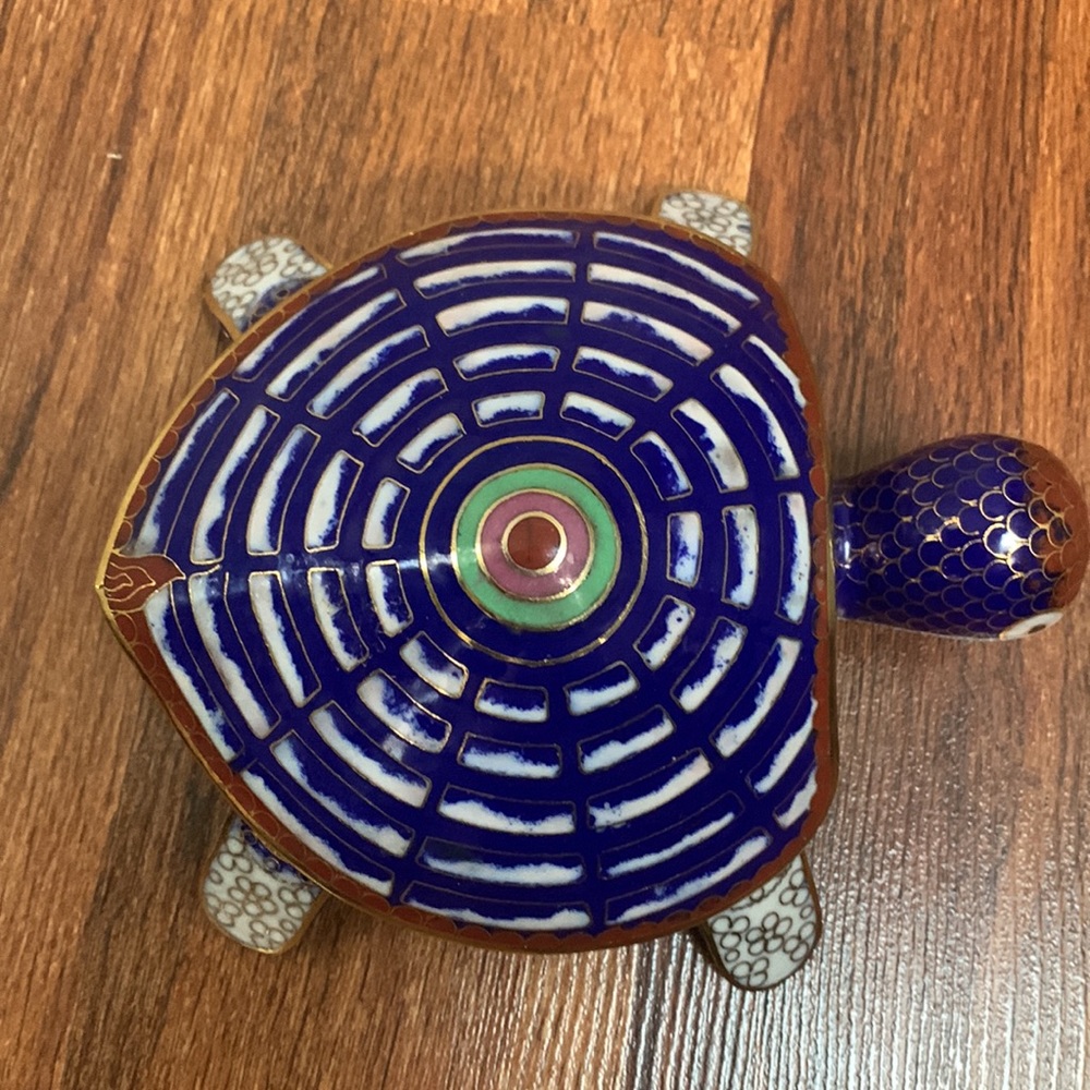 Unique vintage 3D cloisonné indigo turtle w removable lid 6” around - Picture 1 of 14